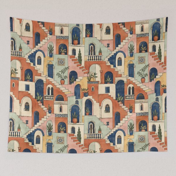 Item preview, Mediterranean Staircase Village Pattern Architectural Folk Art Print designed and sold by TM DESIGNS AND MORE.