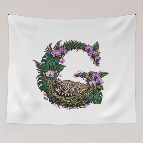 Item preview, Tropical Letter G - Sleeping Ocelot and Purple Orchids - designed and sold by FantasyPearl.