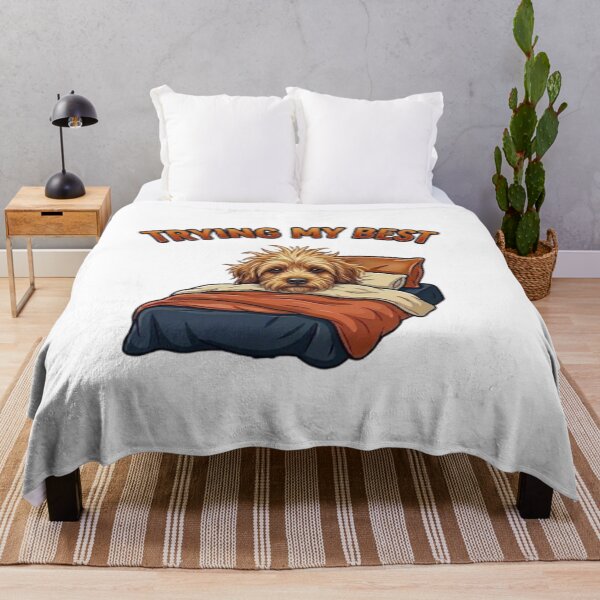 Item preview, Trying My Best Sleepy Dog – Funny Messy Hair Goldendoodle In Bed Cartoon designed and sold by Northern Glow Art.
