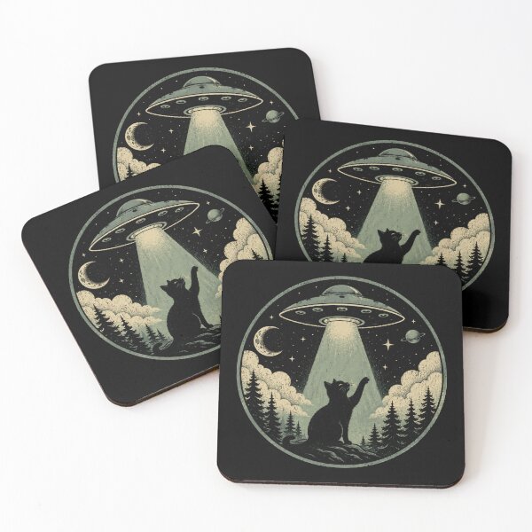 Item preview, Retro Curious Cat Chasing Mysterious UFO Forest Night Adventure designed and sold by Moizento.