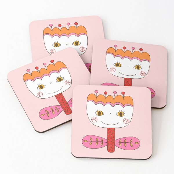 Item preview, Cute pink grid and kawaii flowers with faces floral design designed and sold by Pravokrugulnik.