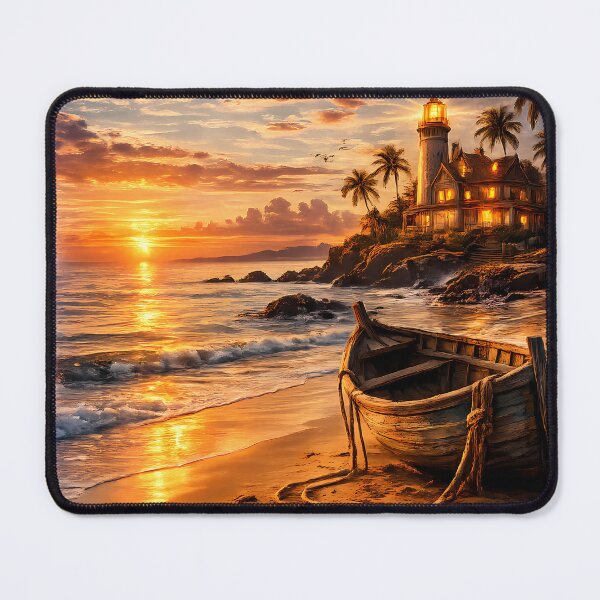Item preview, Coastal Sunset Lighthouse and Beach Boat Art designed and sold by FutureGarb.