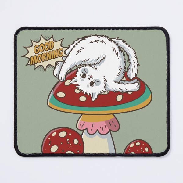 Item preview, Cute White Cat Stretching on Amanita Mushroom Good Morning designed and sold by chriswo-design.