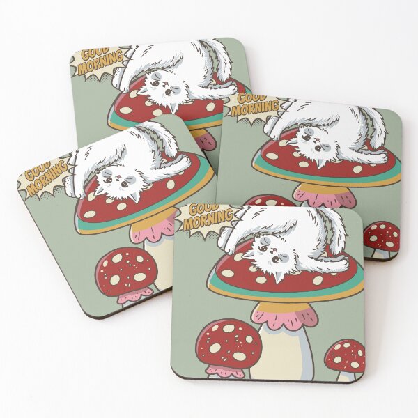Item preview, Cute White Cat Stretching on Amanita Mushroom Good Morning designed and sold by chriswo-design.
