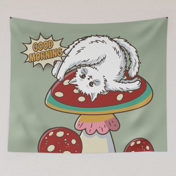 Item preview, Cute White Cat Stretching on Amanita Mushroom Good Morning designed and sold by chriswo-design.