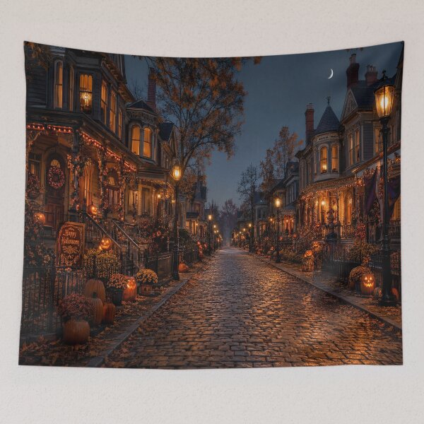 Item preview, Haunted Victorian Halloween Street at Night – Cozy Gothic Cobblestone Town designed and sold by cozeecore.