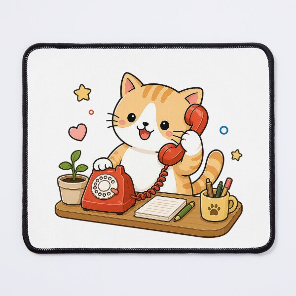 Item preview, Cute Office Cat Answering Red Rotary Telephone Kawaii Kitty Illustration designed and sold by NoopnyangStudio.