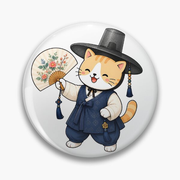 Item preview, Cute Korean Traditional Hanbok Cat Holding Oriental Flower Folding Fan Illustration designed and sold by NoopnyangStudio.