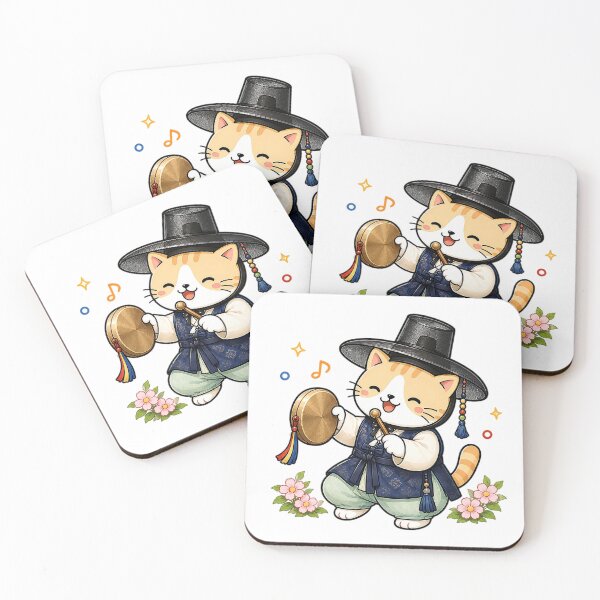 Item preview, Cute Korean Traditional Hanbok Cat Playing Kkwaenggwari Gong Illustration designed and sold by NoopnyangStudio.