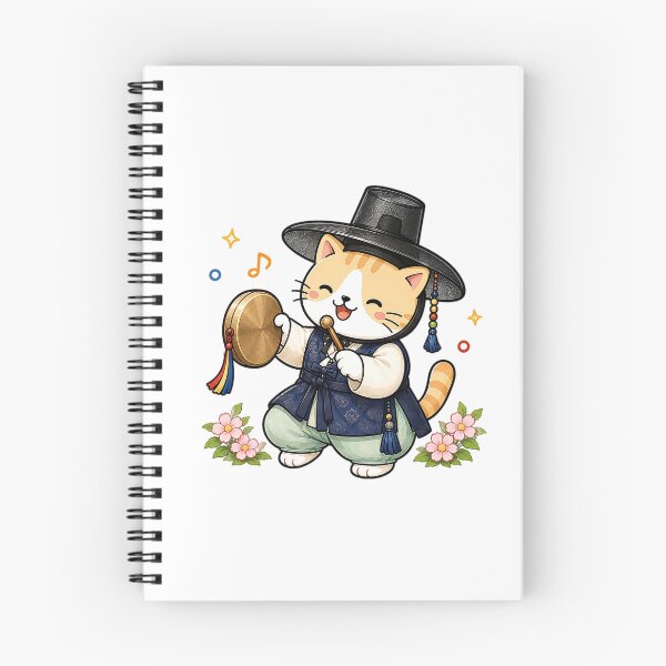 Item preview, Cute Korean Traditional Hanbok Cat Playing Kkwaenggwari Gong Illustration designed and sold by NoopnyangStudio.