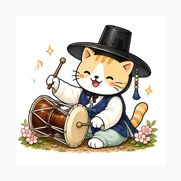 Item preview, Cute Korean Traditional Hanbok Cat Playing Janggu Hourglass Drum Illustration designed and sold by NoopnyangStudio.