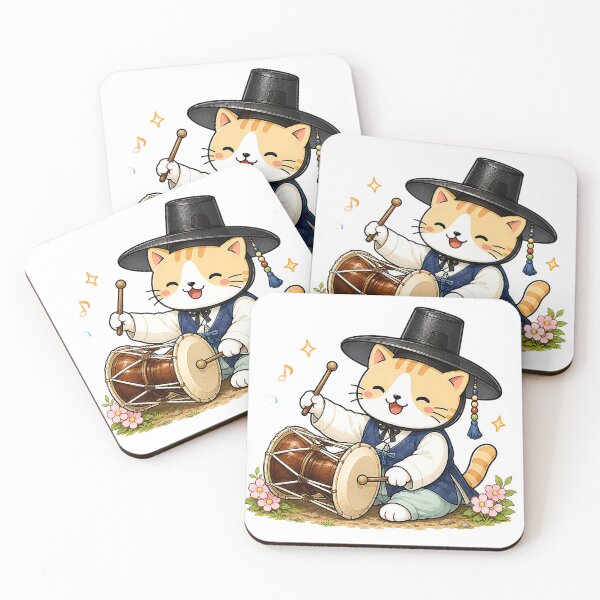Item preview, Cute Korean Traditional Hanbok Cat Playing Janggu Hourglass Drum Illustration designed and sold by NoopnyangStudio.