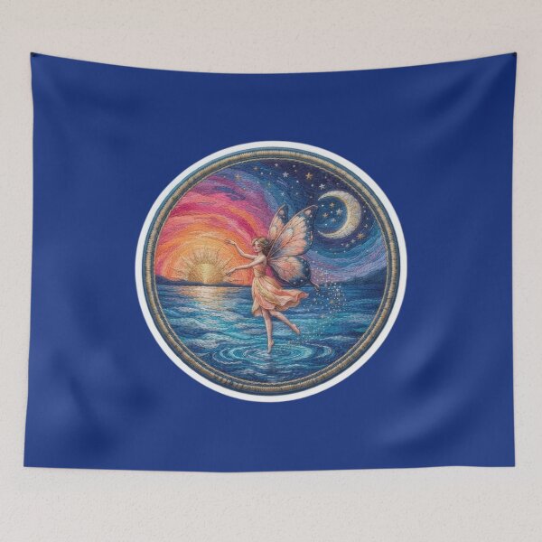 Item preview, Sunset and Moonlit Ocean Fairy Celestial Embroidered Patch Style Sticker designed and sold by Azurart2.