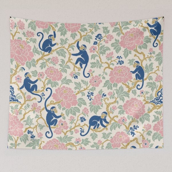 Item preview, Chinoiserie Monkey and Peony Seamless Pattern | Blue Green Chinoiserie Wallpaper designed and sold by StickyGuys.