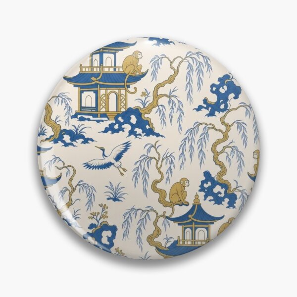 Item preview, Chinoiserie Monkey Pagoda Seamless Pattern | Blue and White Chinoiserie Wallpaper designed and sold by StickyGuys.