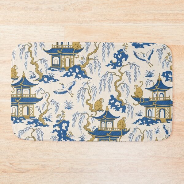 Item preview, Chinoiserie Monkey Pagoda Seamless Pattern | Blue and White Chinoiserie Wallpaper designed and sold by StickyGuys.