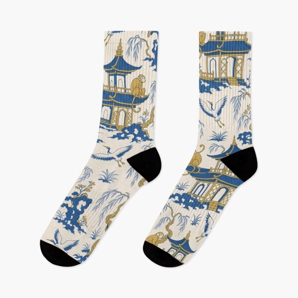 Item preview, Chinoiserie Monkey Pagoda Seamless Pattern | Blue and White Chinoiserie Wallpaper designed and sold by StickyGuys.