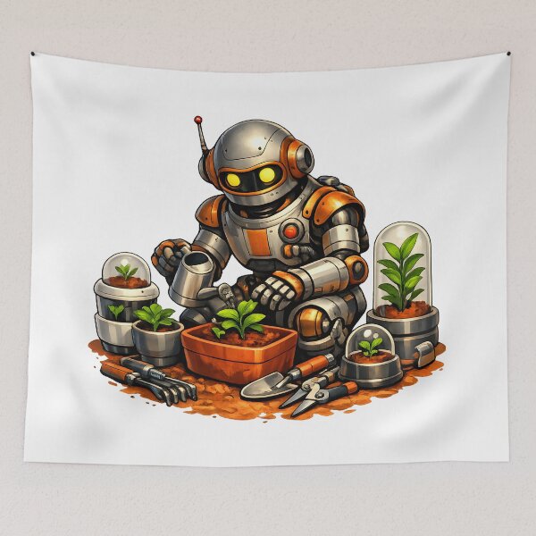 Item preview, Retro Sci-Fi Robot Gardener on Mars | Vintage Futuristic Botanical Illustration designed and sold by builtforyou.