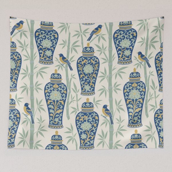 Item preview, Chinoiserie Ginger Jar Bamboo Seamless Pattern | Blue Green Chinoiserie Decor designed and sold by StickyGuys.