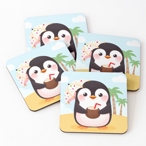 Item preview, Cute Kawaii Penguin summer Drinking Coconut Water on Tropical Beach designed and sold by jo-e-basta.