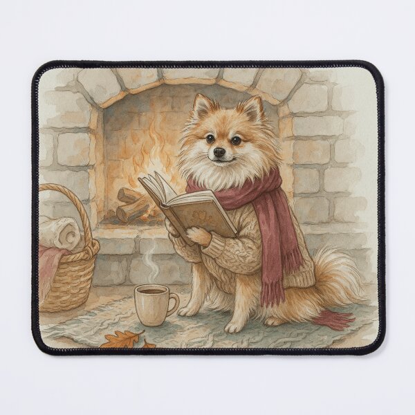 Item preview, Cozy Pomeranian Reading by the Fireplace designed and sold by EwanMercer.