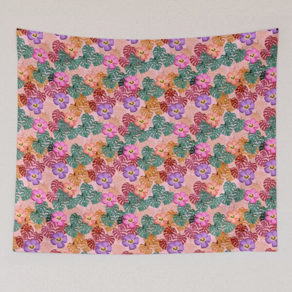 Item preview, Tropical floral pattern pink background  designed and sold by tornasolhaze.