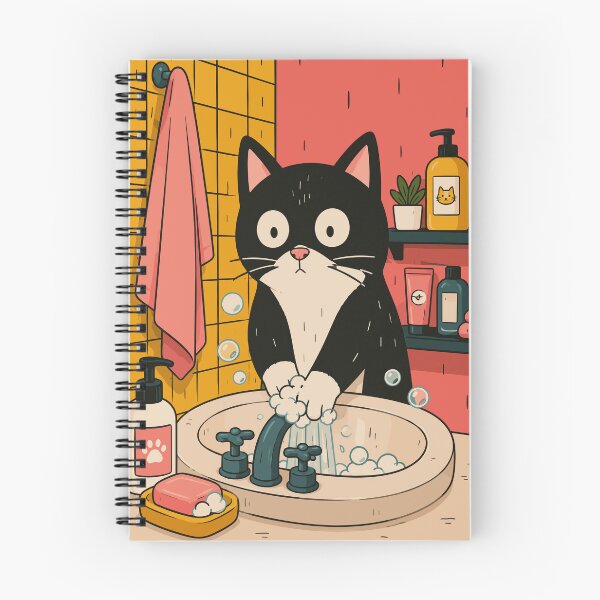 Item preview, Tuxedo Cat Washing Hands - Cute Bathroom Art and Pet Humor Illustration designed and sold by arfindo-indra.