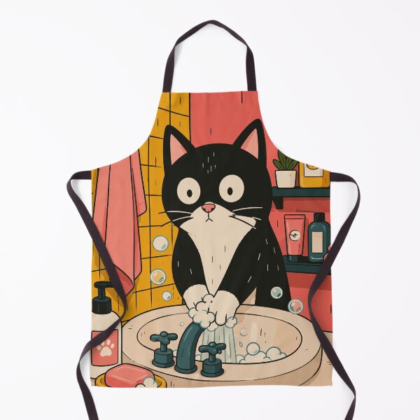 Item preview, Tuxedo Cat Washing Hands - Cute Bathroom Art and Pet Humor Illustration designed and sold by arfindo-indra.