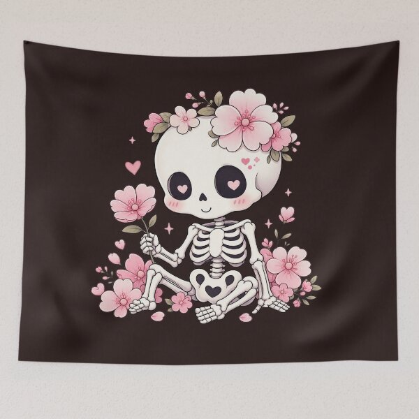 Item preview, Cute Skeleton with Pink Flowers Kawaii Gothic designed and sold by SweetLilith.