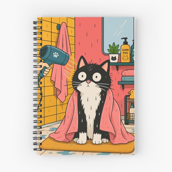 Item preview, Tuxedo Cat Getting Blow Dried - Funny Bathroom Pet Art and Illustration designed and sold by arfindo-indra.