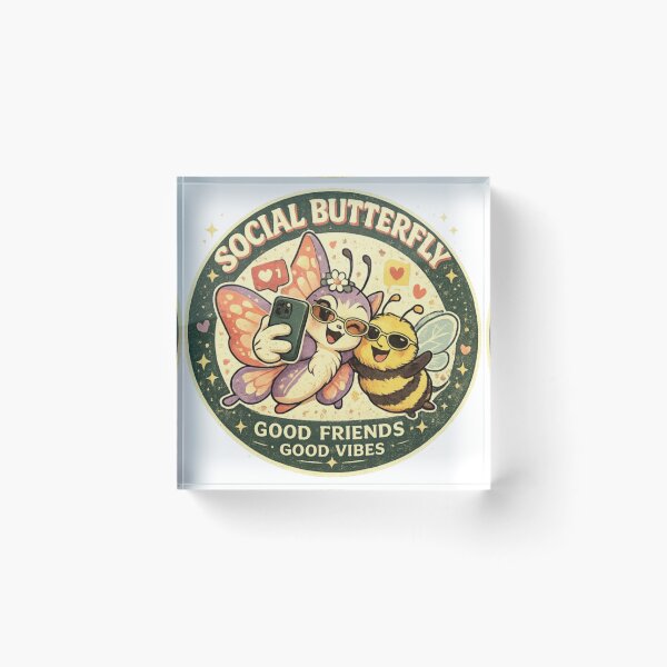Item preview, Social Butterfly – Cute Retro Bee & Butterfly Selfie Badge designed and sold by Mindful56.