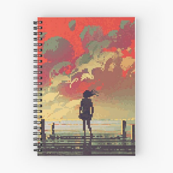 Item preview, Pixel Art Girl Silhuette  Standing on a Wooden Dock at Sunset in a Colorful Autumn Landscape designed and sold by HopeDetour.