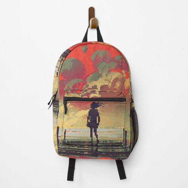 Item preview, Pixel Art Girl Silhuette  Standing on a Wooden Dock at Sunset in a Colorful Autumn Landscape designed and sold by HopeDetour.