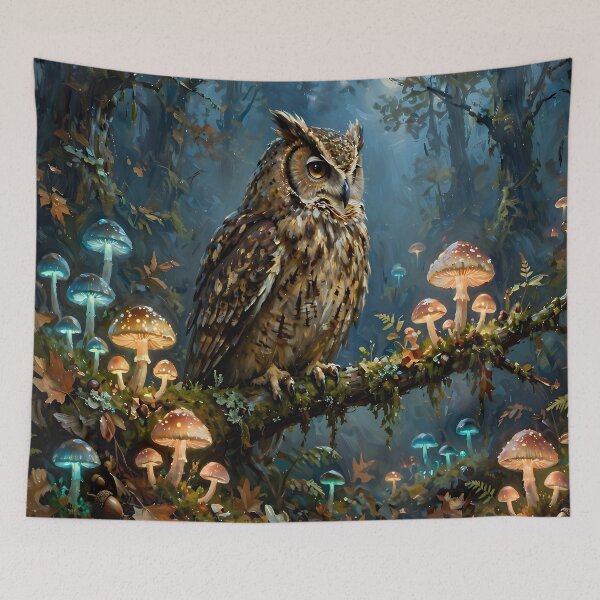 Item preview, Enchanted Woodland Owl Among Glowing Mushrooms – Magical Forest Fantasy Art designed and sold by cr6zym1nd.