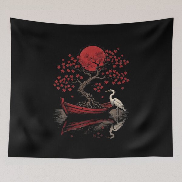 Item preview, Japanese Maple Boat Heron Red Sun Zen Minimalist designed and sold by CF_VintageDesign.