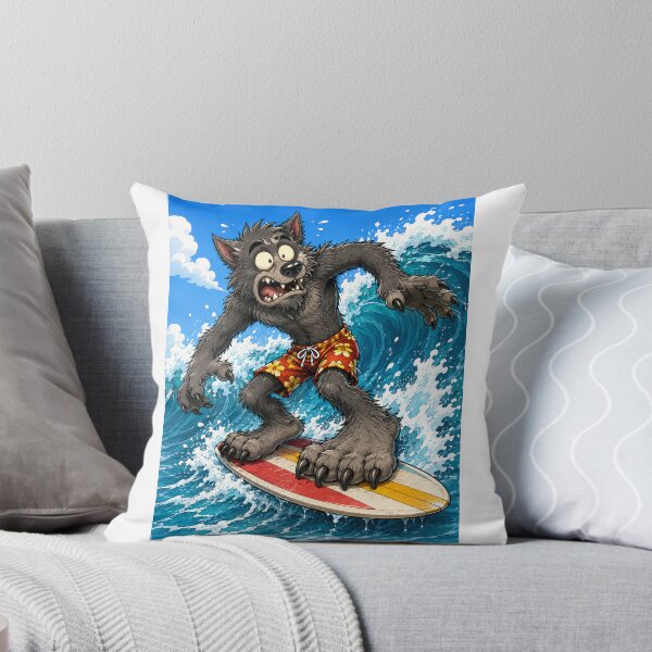 Item preview, Werewolf Surfing Big Waves Funny Summer Monster Cartoon designed and sold by ComedyInkFactor.