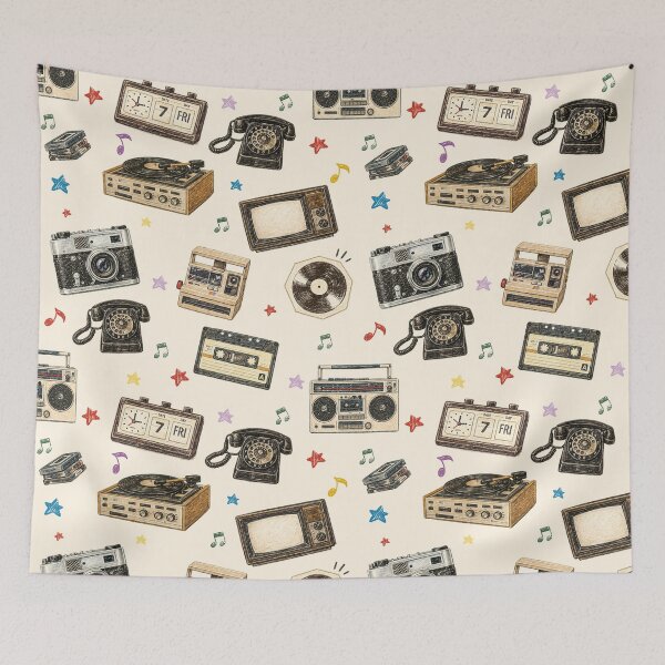 Item preview, Retro Vintage Gadgets Pattern – Record Player, Cassette Tape, Rotary Phone & Camera designed and sold by PaperyAndInk.