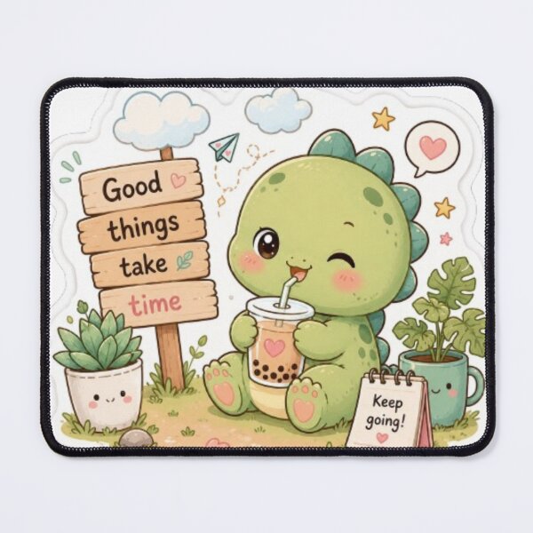 Item preview, Cute Kawaii Dinosaur Sticker | Baby Dino with Boba Tea | Good Things Take Time | Cute Pastel Sticker designed and sold by Vegasstickers.