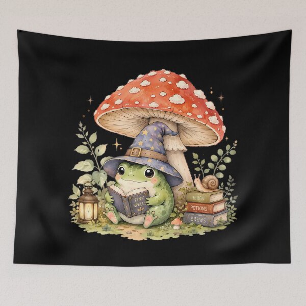 Item preview, Frog Wizard Reading Book Under Mushroom designed and sold by Linework Studio.