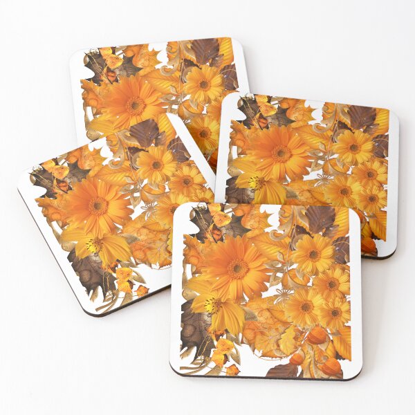Item preview, golden autumn leaves and orange gerbera flowers designed and sold by introvertarts.