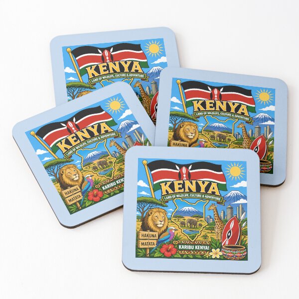 Item preview, Kenya Flag with Safari Wildlife and Mount Kilimanjaro designed and sold by Myra365Art.