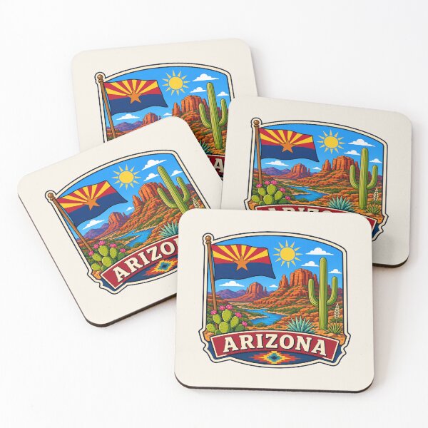 Item preview, Arizona with Flag, Desert Landscape and Saguaro Cactus designed and sold by Myra365Art.