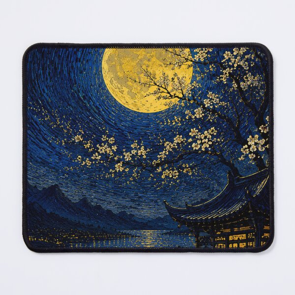 Item preview, Chinese Moon Temple Landscape - Ancient China Night Art, Traditional Asian Architecture & Blue Moon Illustration designed and sold by TialCorner.