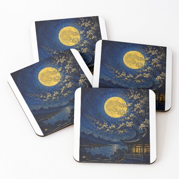 Item preview, Chinese Moon Temple Landscape - Ancient China Night Art, Traditional Asian Architecture & Blue Moon Illustration designed and sold by TialCorner.
