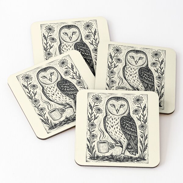 Item preview, Barn Owl Coffee Lover Floral Bird Cottagecore Linocut  designed and sold by Y-Vibes.