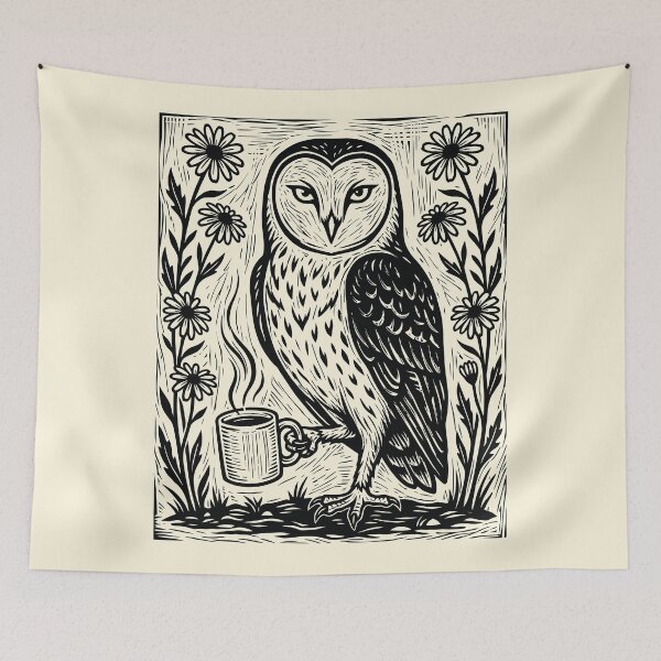 Item preview, Barn Owl Coffee Lover Floral Bird Cottagecore Linocut  designed and sold by Y-Vibes.
