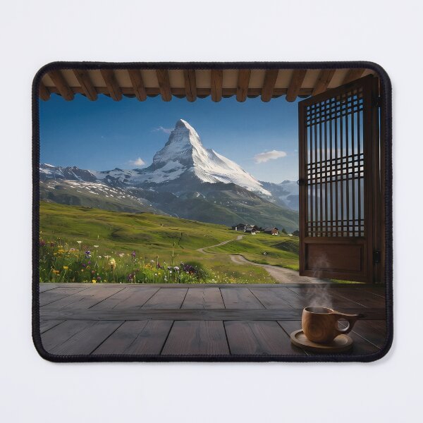 Item preview, Hanok Window to the World: Swiss Alps & Matterhorn | Peaceful Morning Coffee Fine Art Print designed and sold by SOOstudio73.