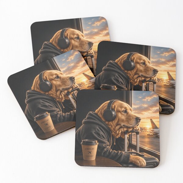 Item preview, Dog With Coffee At Airport Stamp Style designed and sold by Thread&Fable.