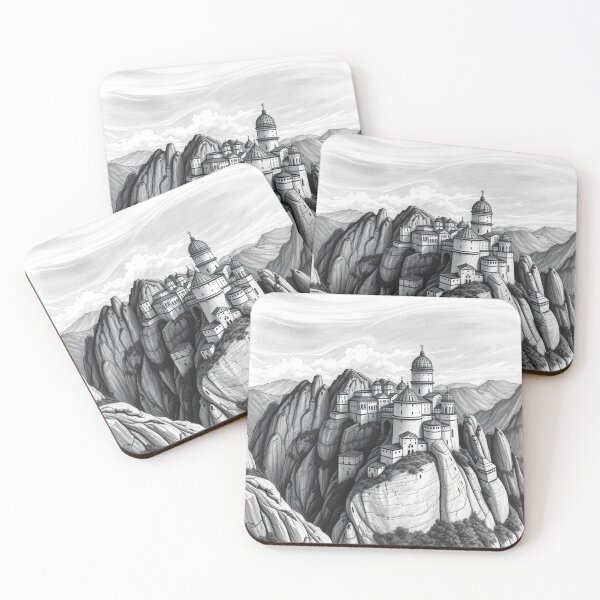 Item preview, Mountain Monastery Fortress Black and White Pencil Drawing designed and sold by EllDAV777.