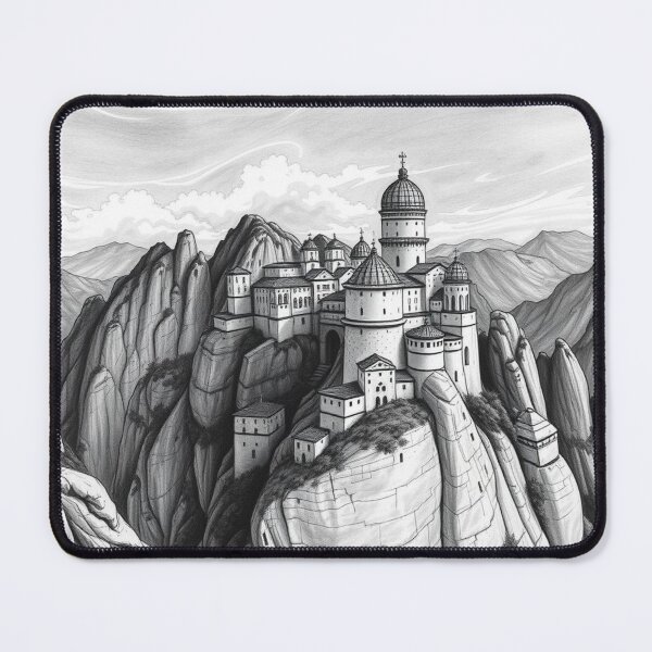 Item preview, Mountain Monastery Fortress Black and White Pencil Drawing designed and sold by EllDAV777.